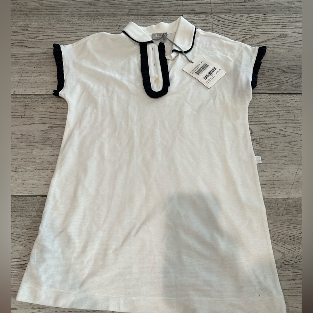 Il Gufo White Polo Dress with Black Trim and Ruffle Sleeves